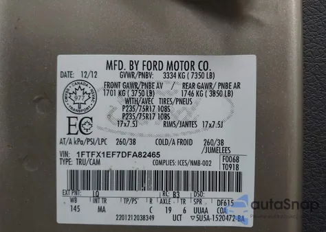 2013 Ford F-150 Xlt из США, поврежденный, VIN 1FTFX1EF7DFA82465